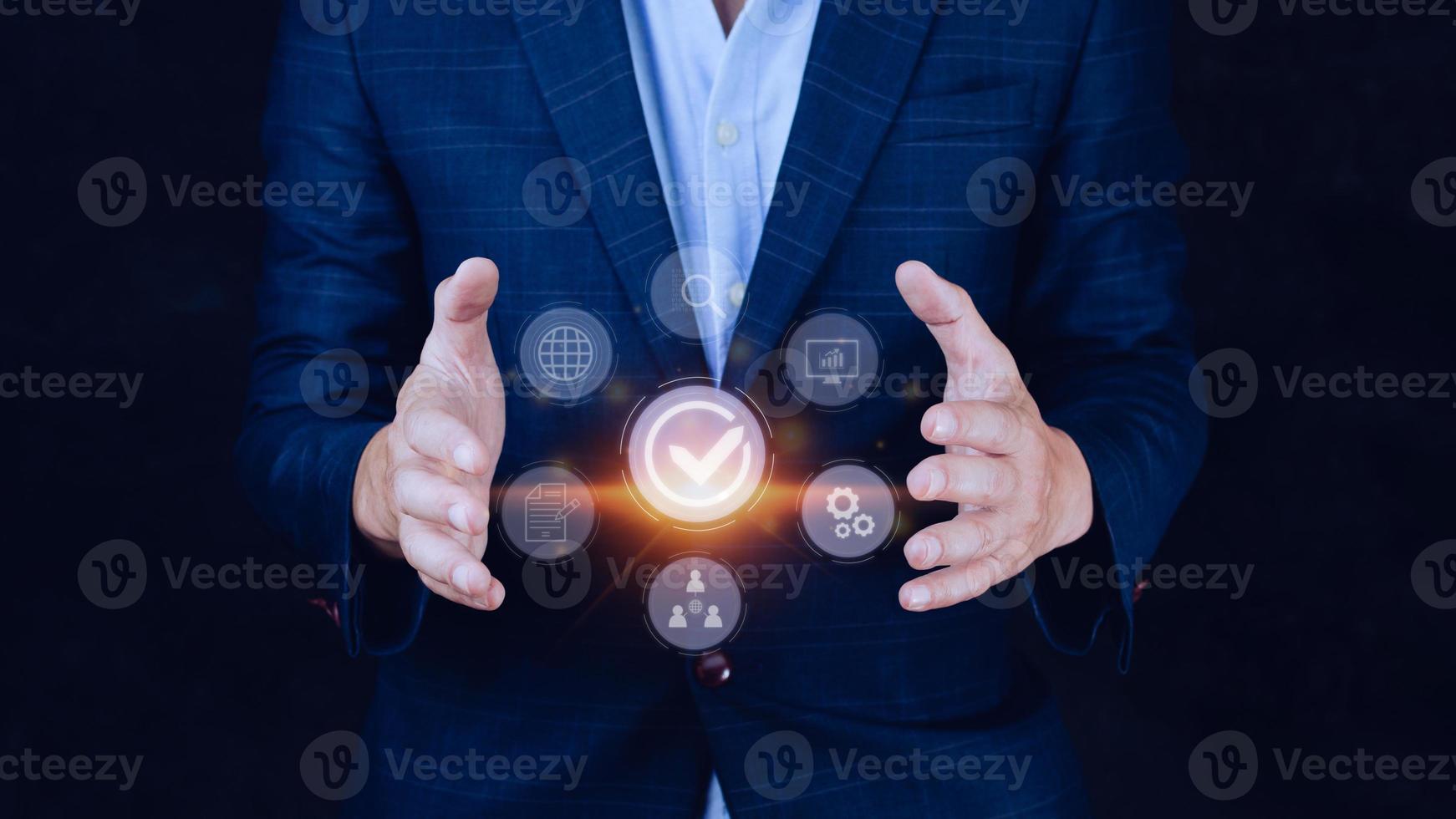 Quality management with Quality assurance or QA and Quality control or QC and improvement. Standardization and certification concept. compliance to regulations and standards. concept with manager. photo