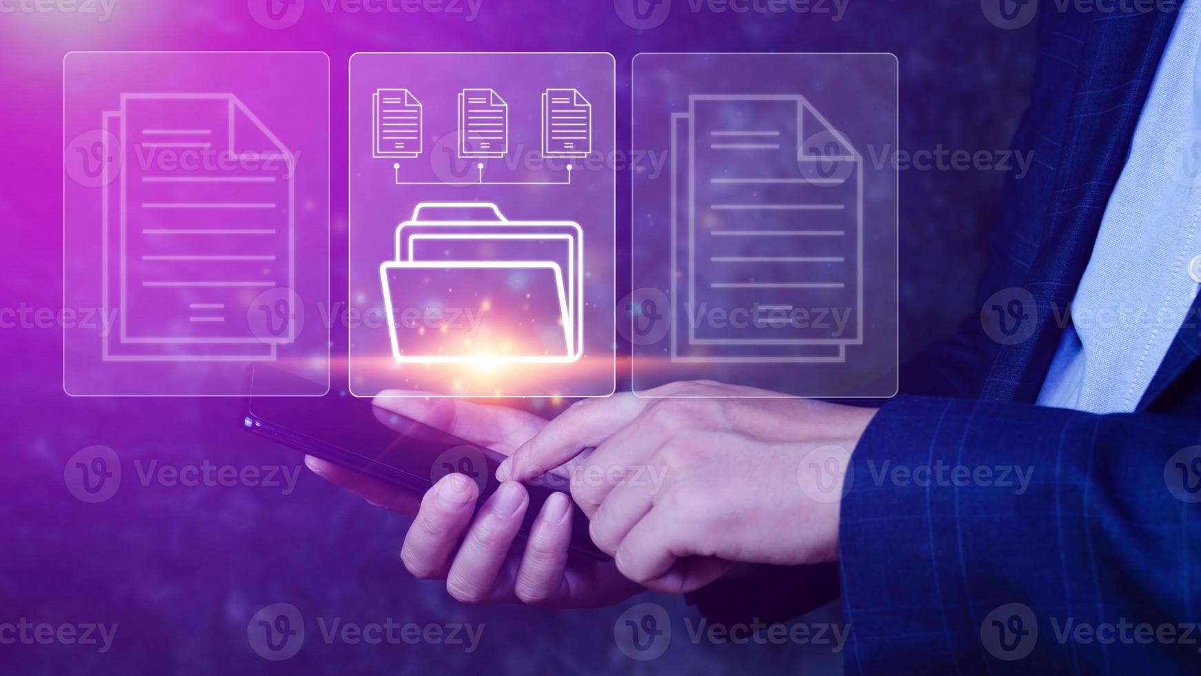 Document Management System DMS being setup IT consultant working on smartphone. Software for archiving, searching and managing corporate files information photo