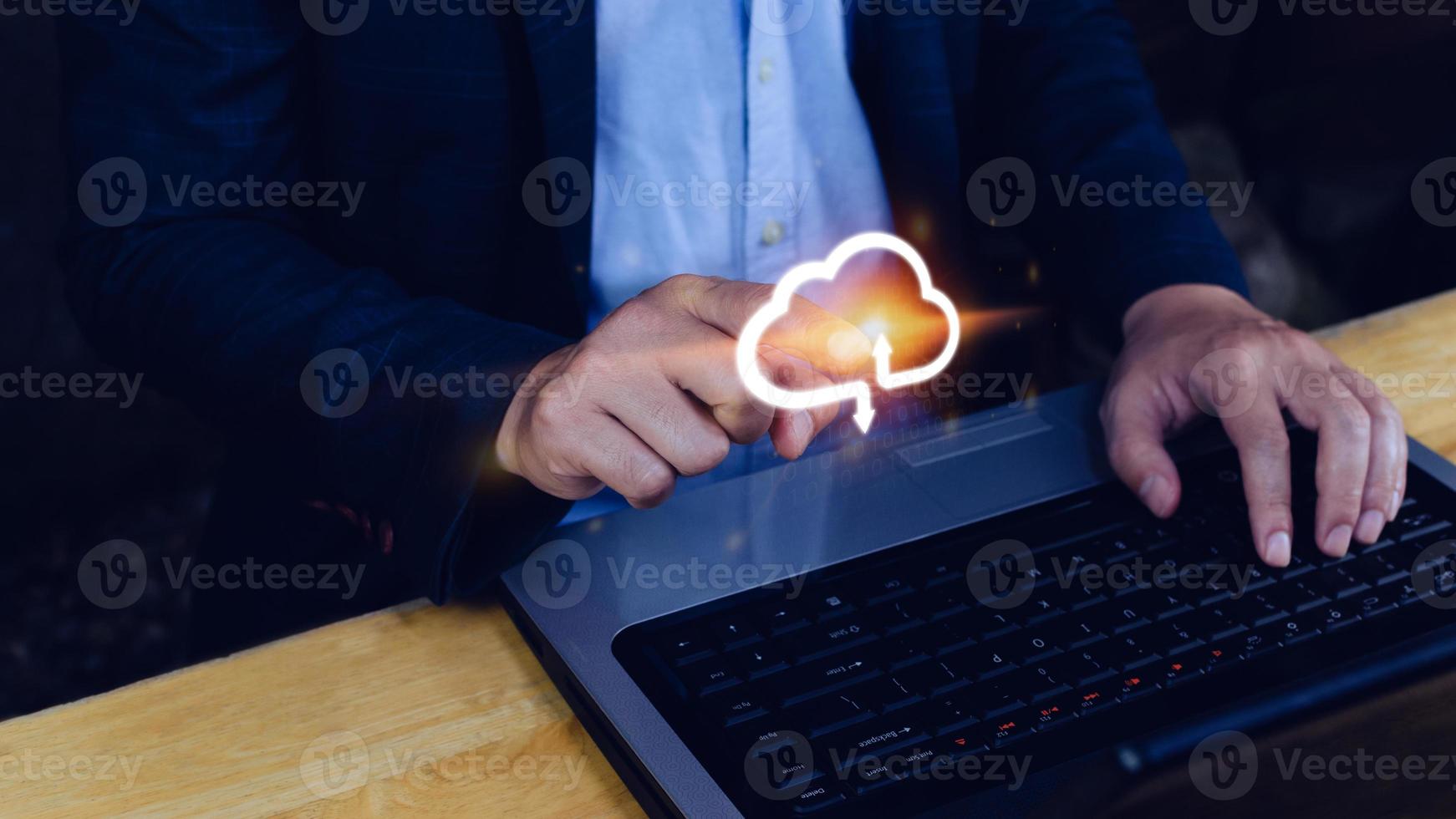 Businessman touching virtual cloud computing to transfer database. information upload, download application. Technology business transformation data concept..Big data Concept photo