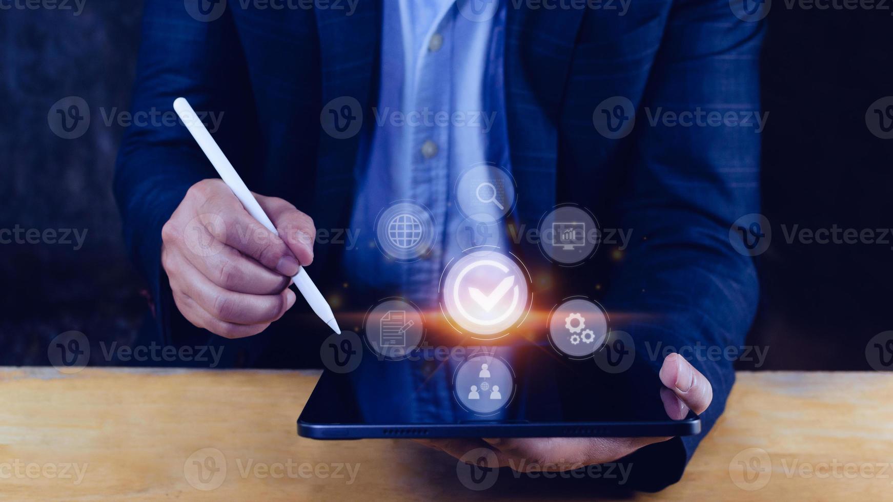 Quality management with Quality assurance or QA and Quality control or QC and improvement. Standardization and certification concept. compliance to regulations and standards. concept with manager. photo