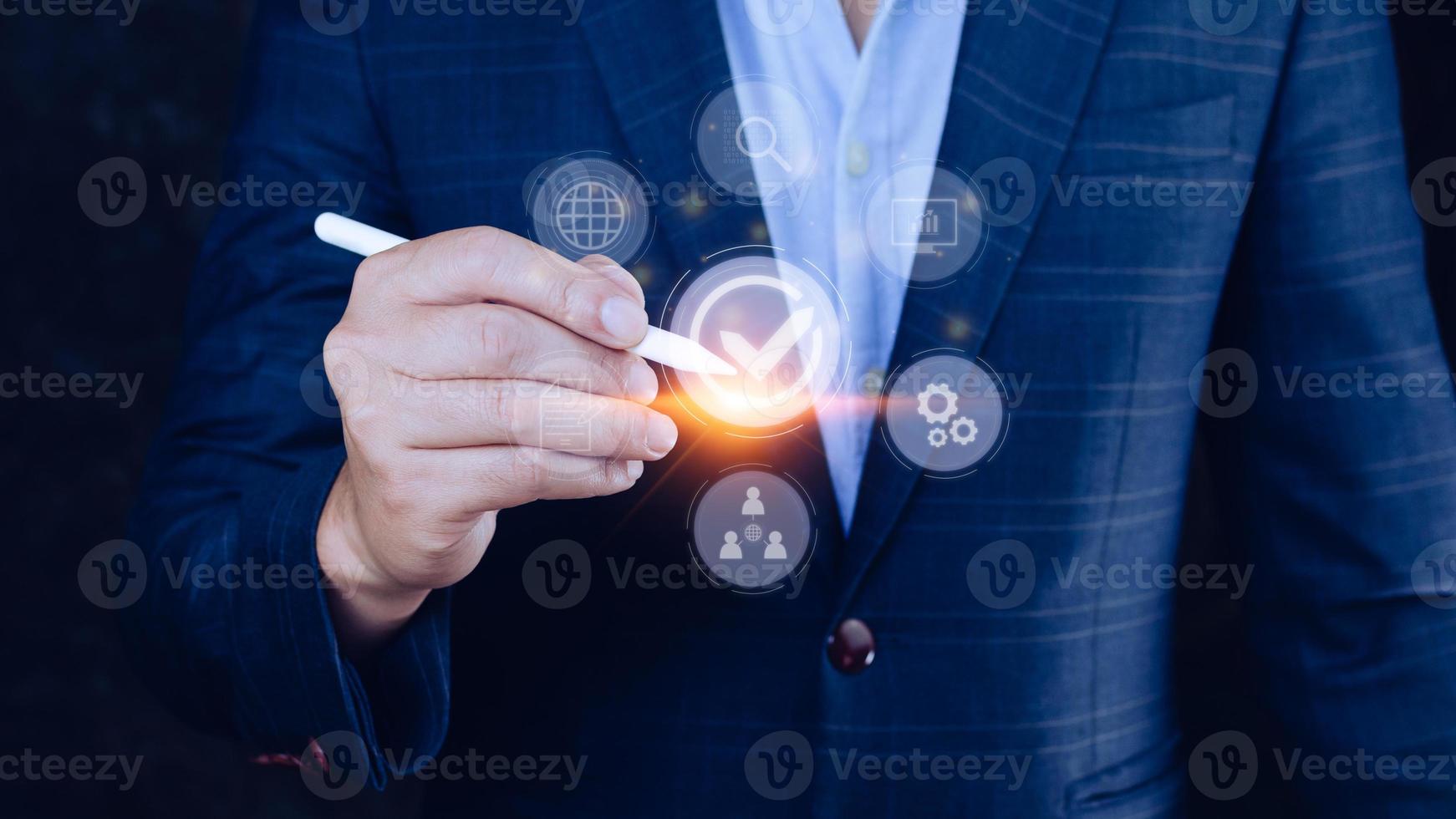 Quality management with Quality assurance or QA and Quality control or QC and improvement. Standardization and certification concept. compliance to regulations and standards. concept with manager. photo