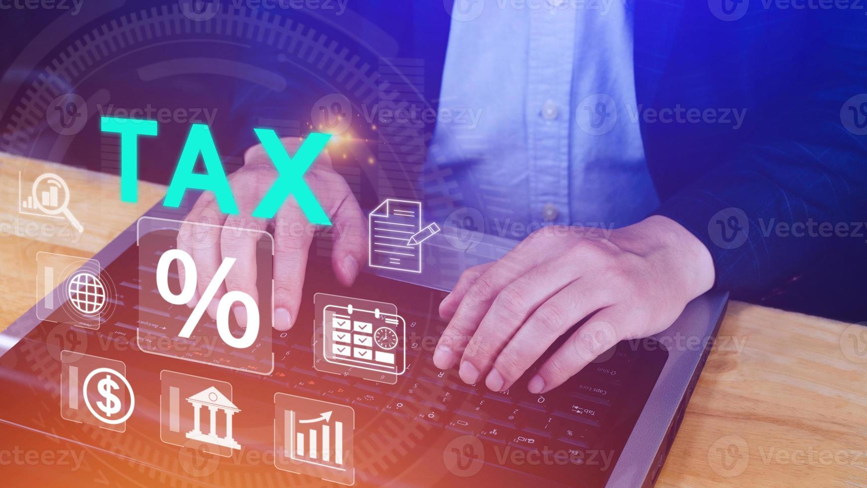 Business using computer to complete Individual income tax return form online for tax payment. Government, state taxes. Data analysis, paperwork, financial research, Calculation tax return. photo