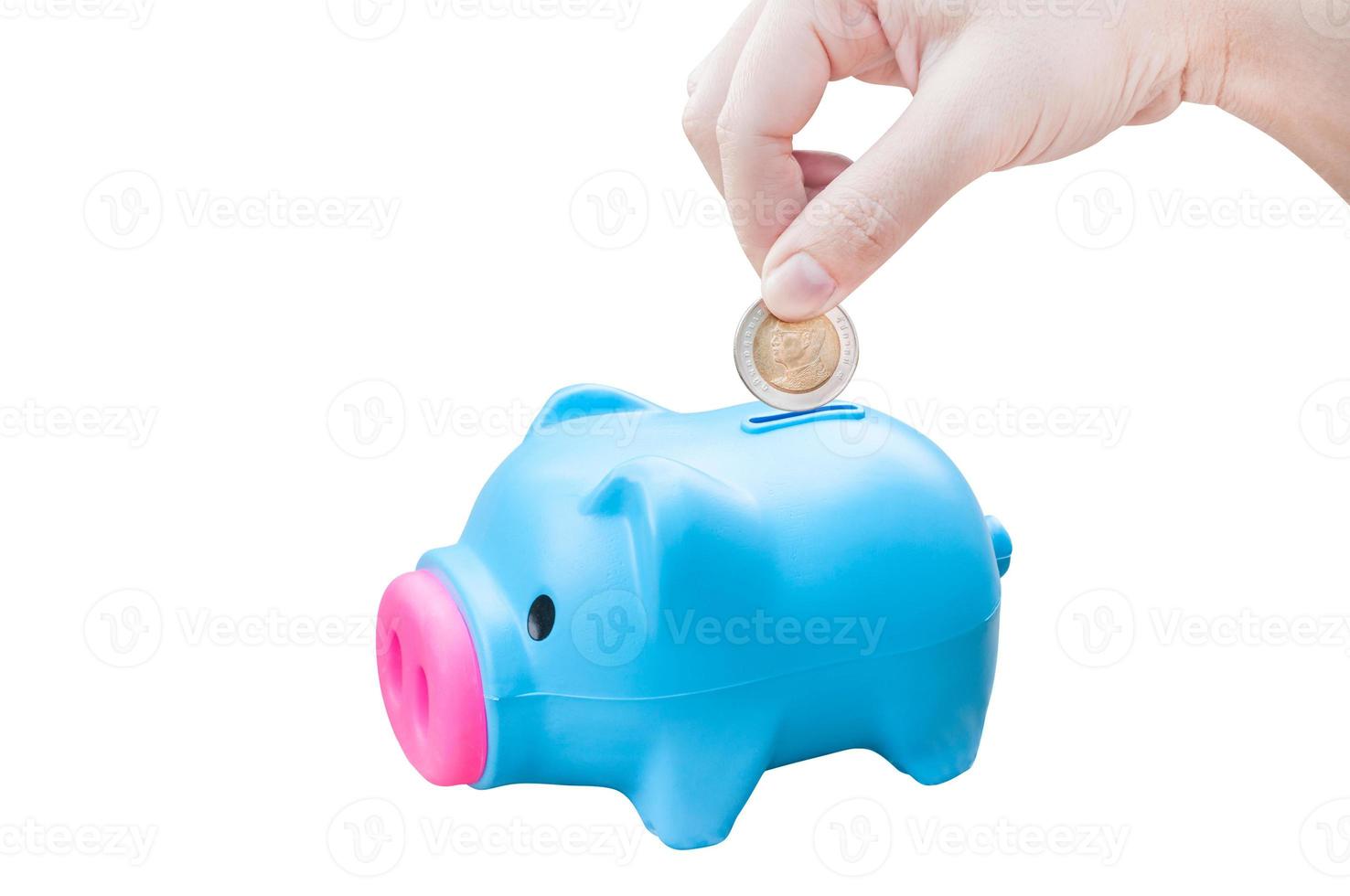 women young hand putting money coin into saving pig, finance theme,Isolated on white background photo