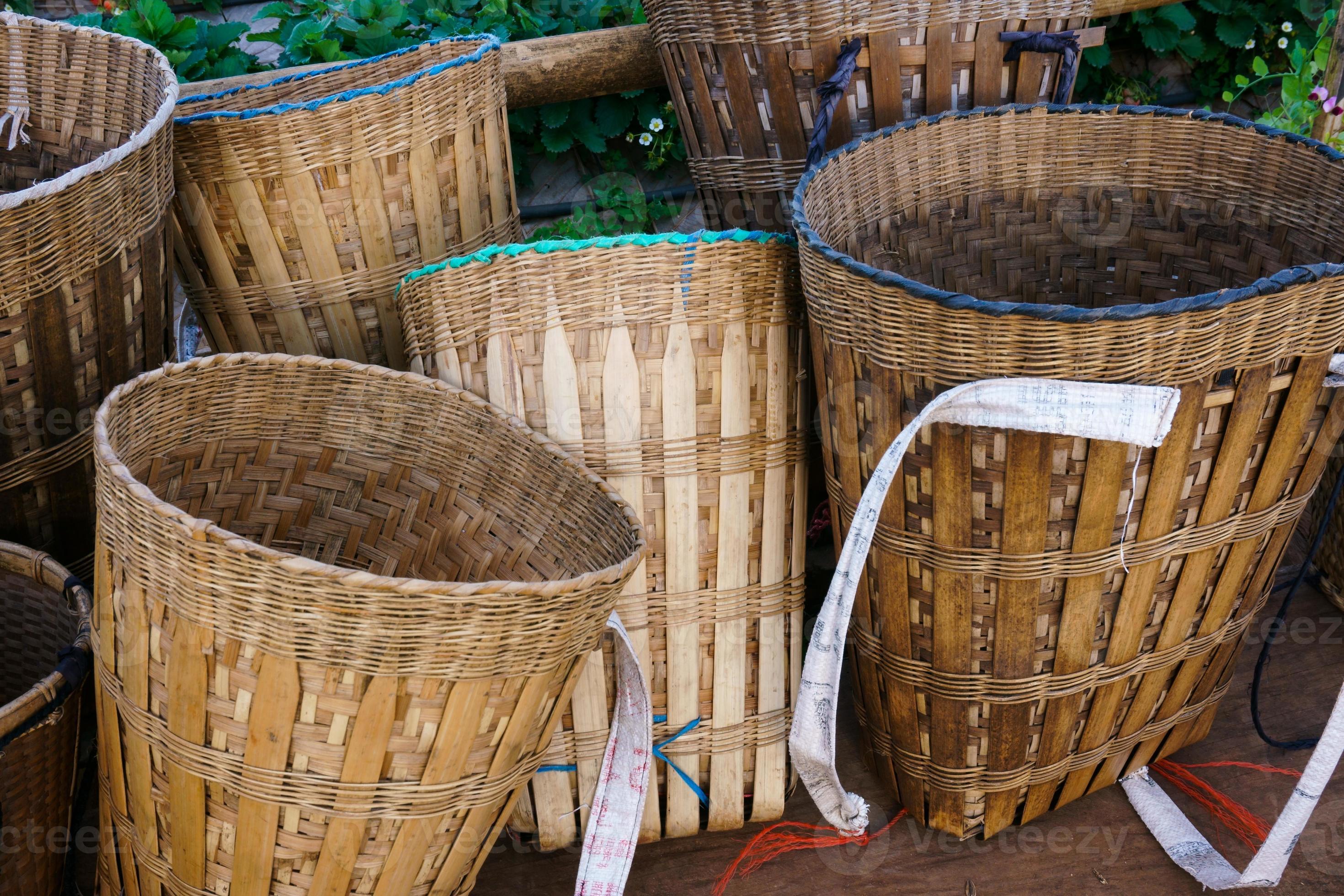 Bamboo basket of hill tribe,Woven bamboo basket bag with rope, tribal  handmade 20940635 Stock Photo at Vecteezy