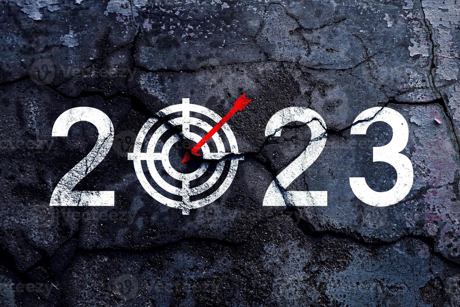 New year 2023 or straight forward target icon concept. Text 2023 text written with broken cement wall, Concept of planning, goal, challenge, new year resolution. photo