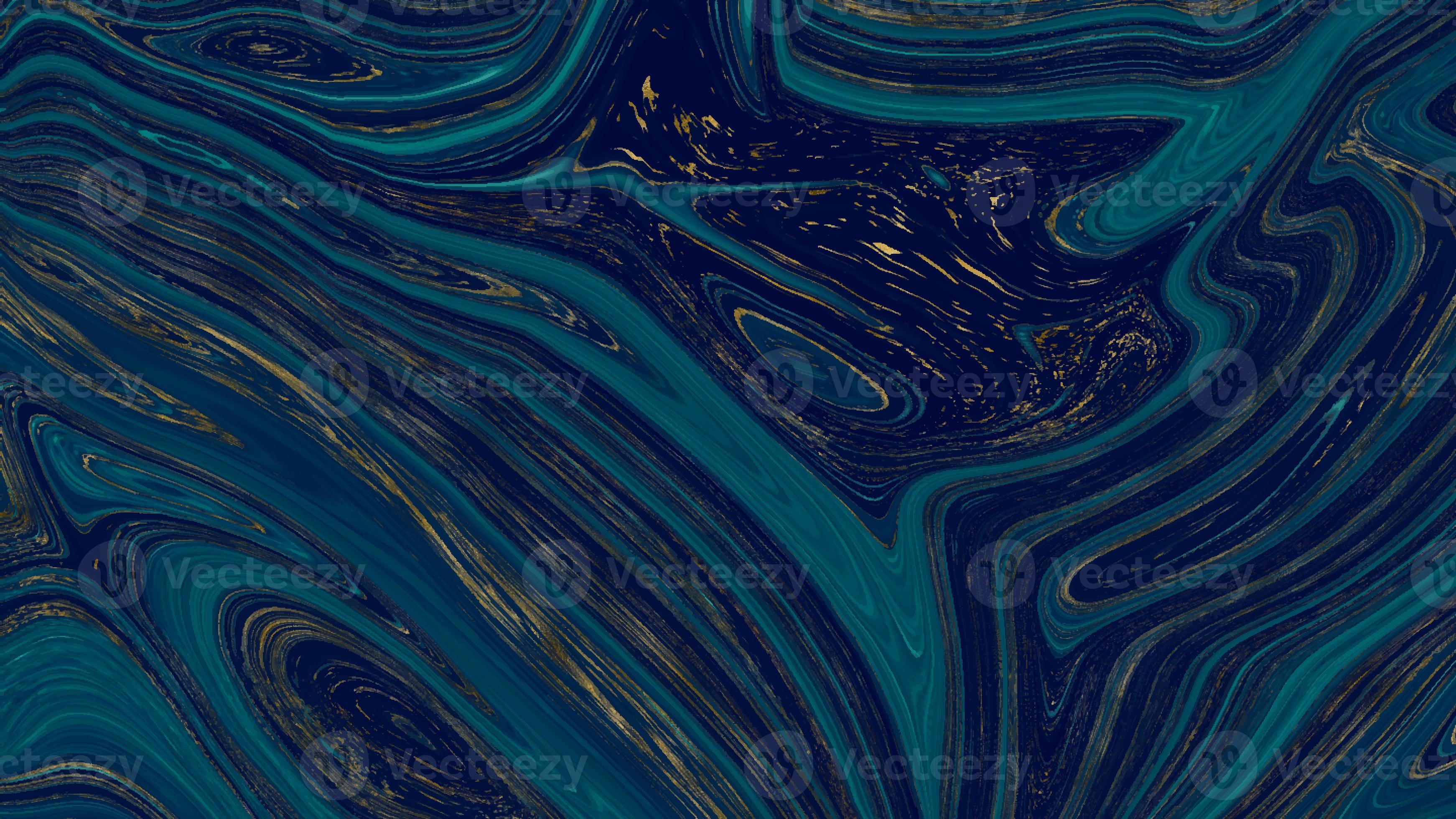 Abstract blue liquid texture with gold glitter. Luxury background. Dark