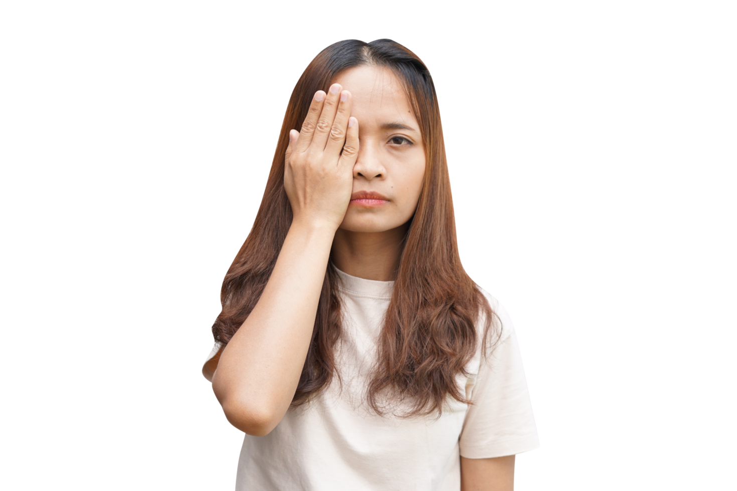 Asian woman covering her eyes with her hands png