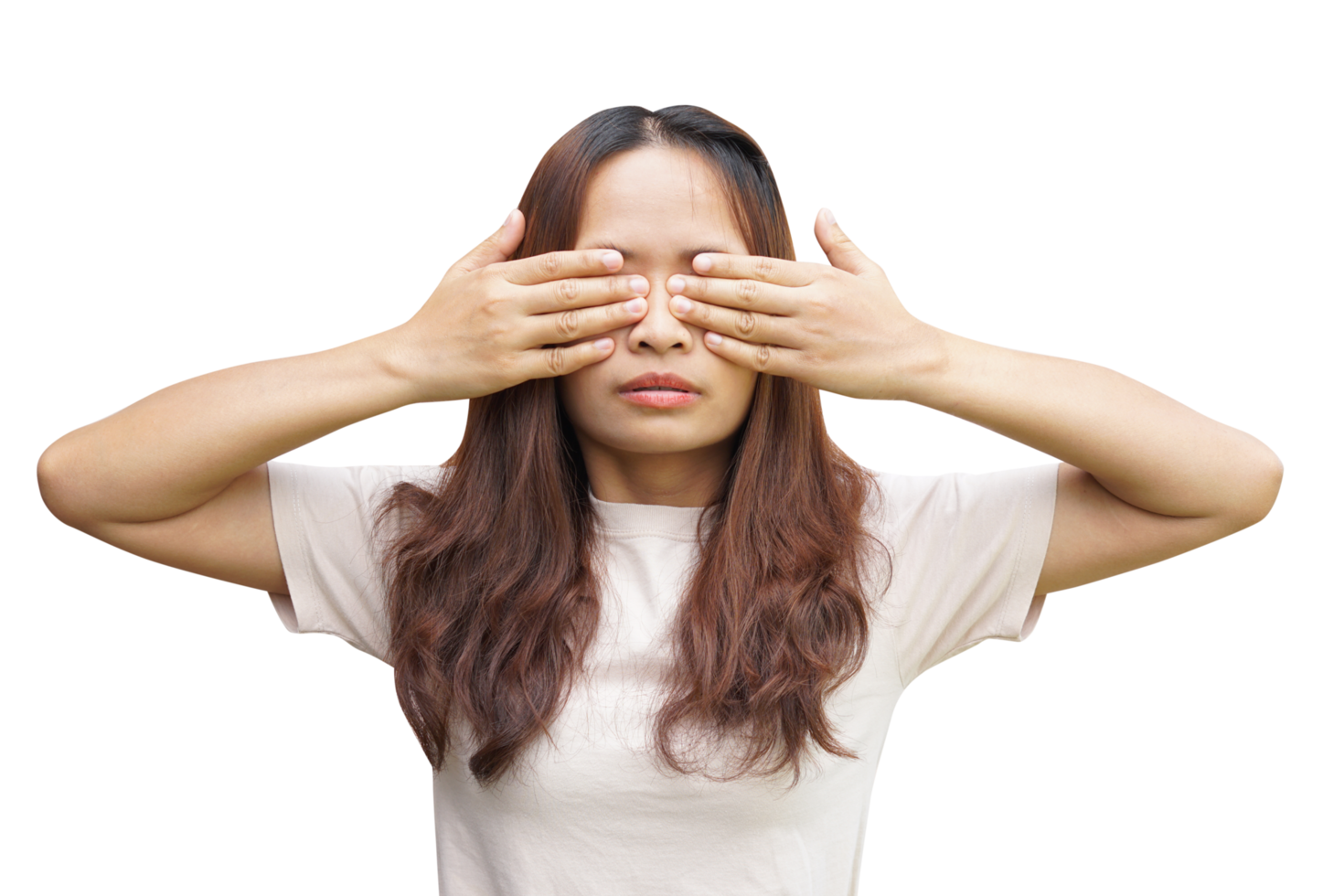 Asian woman covering her eyes with her hands png