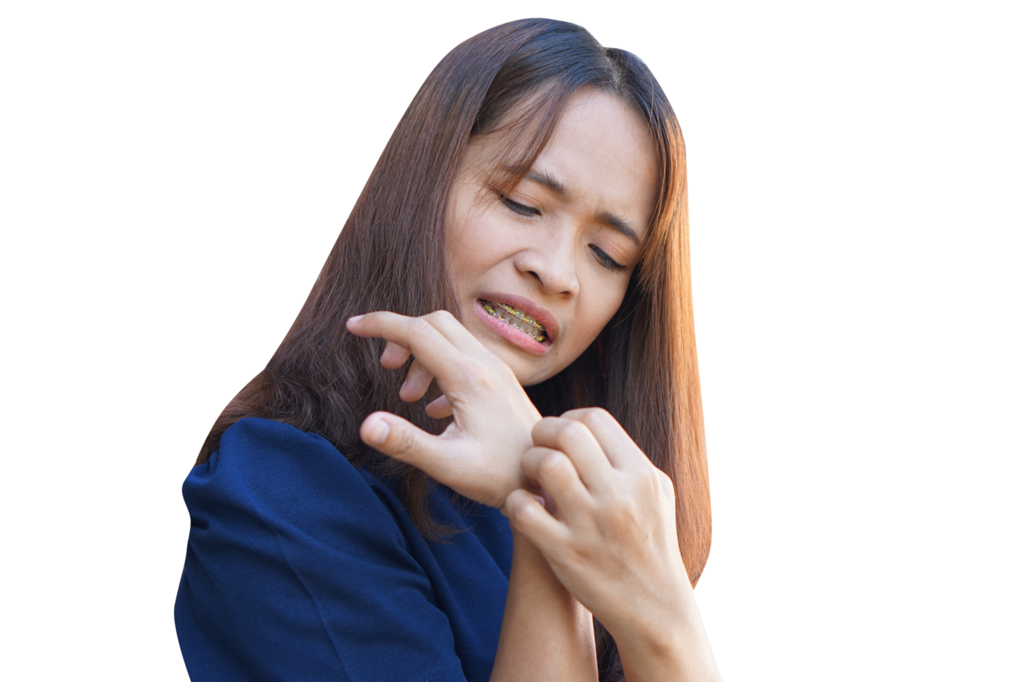 Asian woman having an itchy arm png