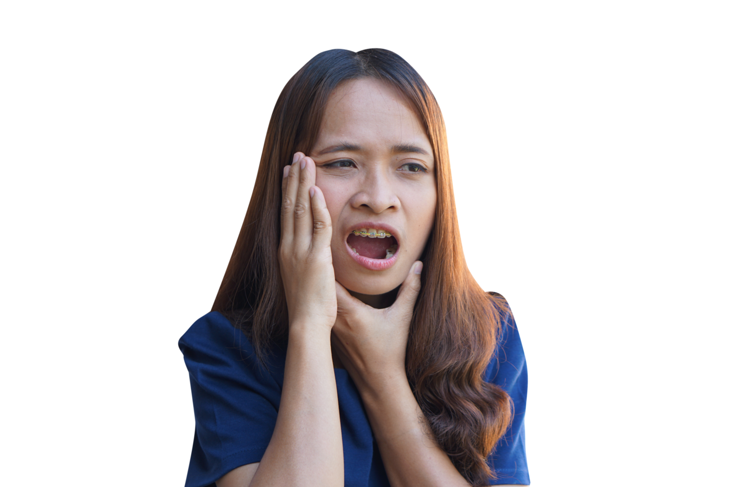 Asian woman with toothache presses her hand to her face png