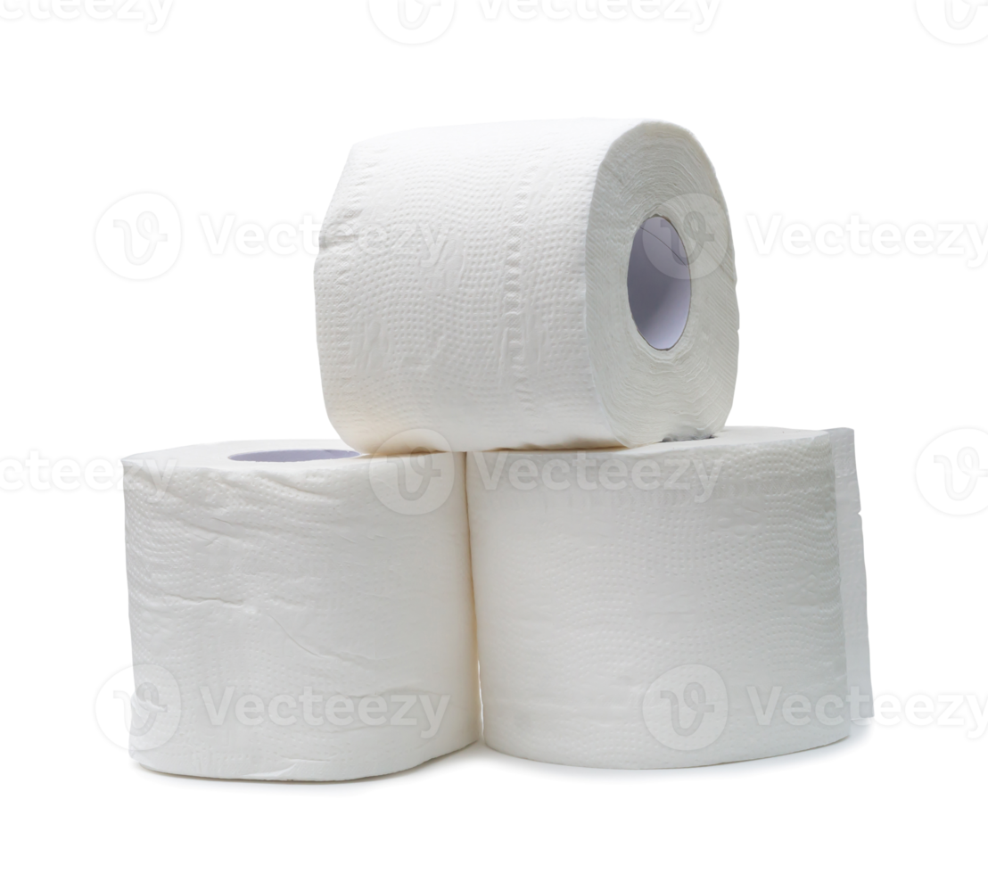 three rolls of white tissue paper or napkin in stack prepared for use in toilet or restroom isolated with clipping path in png file format with shadow