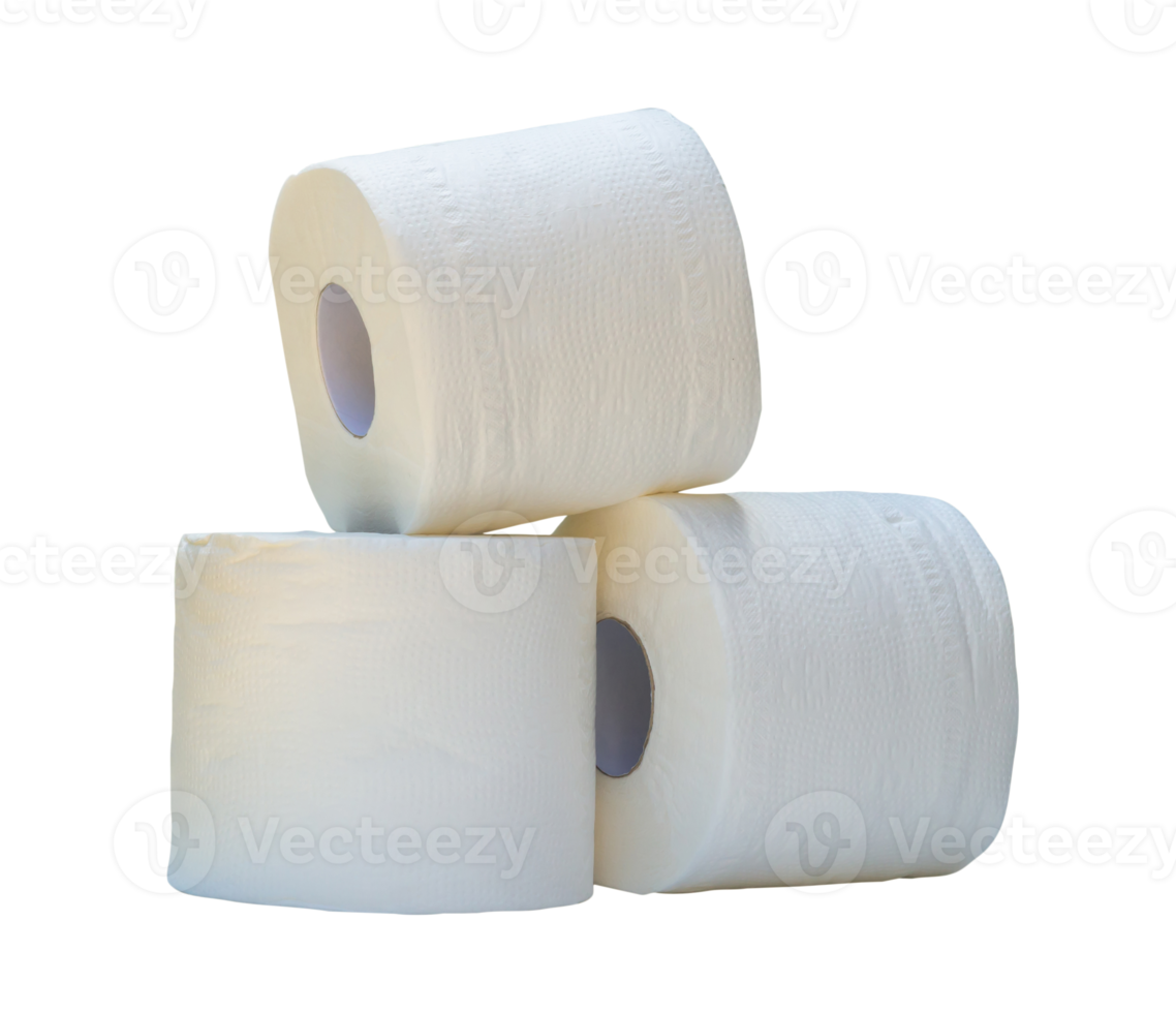 three rolls of white tissue paper or napkin prepared for use in toilet or restroom isolated with clipping path in png file format.