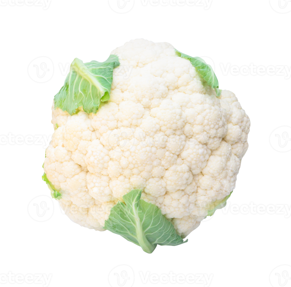 Close up of single fresh ripe white cauliflower head with some green leaves isolated with clipping path in png file format. Top view of organic vegetable, Concept of healthy eating