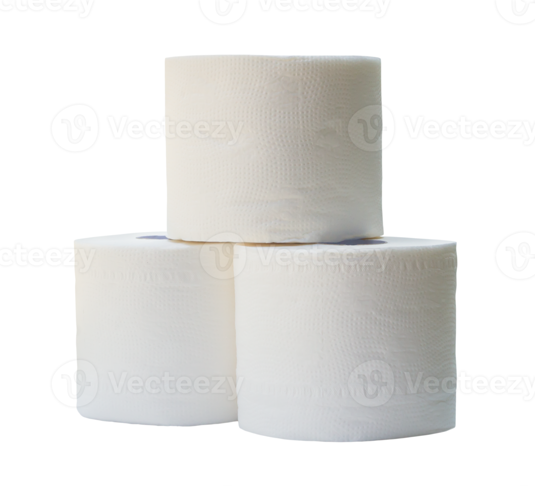 three rolls of white tissue paper or napkin in stack prepared for use in toilet or restroom isolated with clipping path in png file format