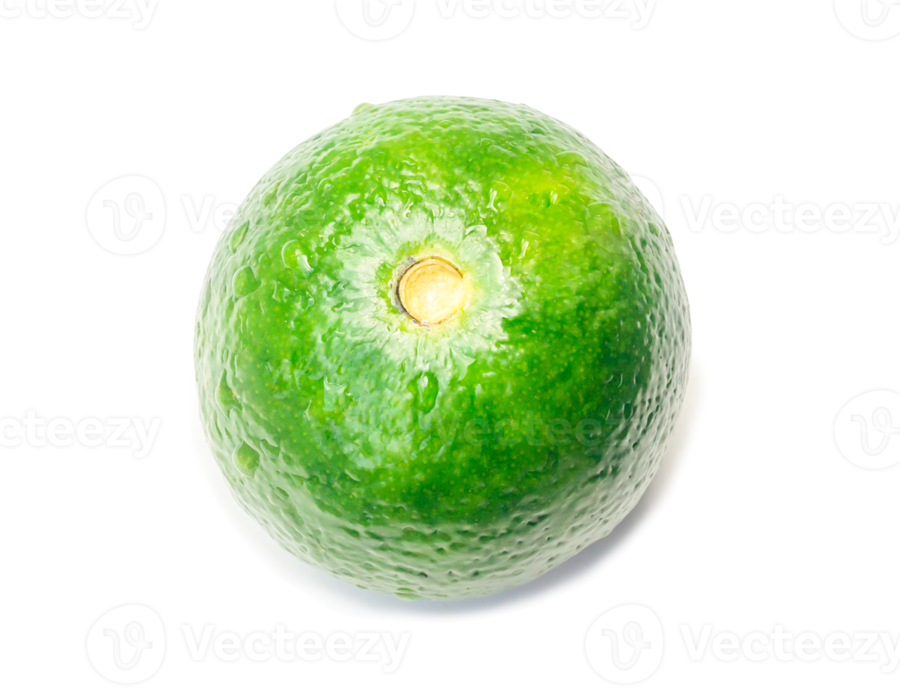 Single fresh green lemon with drops isolated with clipping path and shadow in png file format, Top view photo with oncept of healthy eating