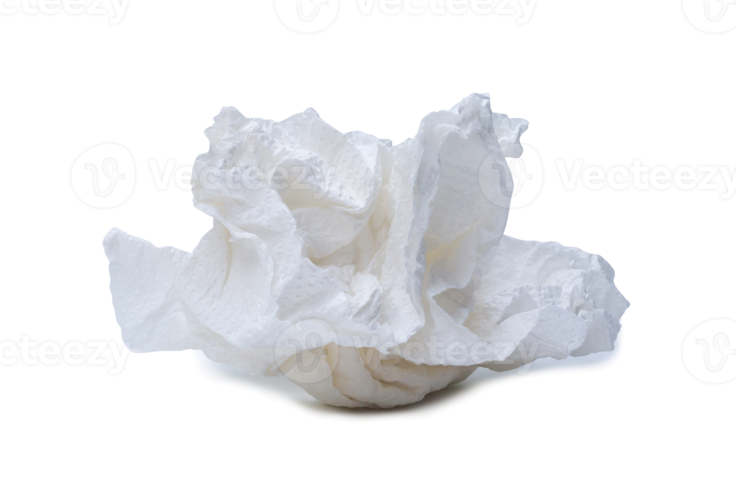 Single screwed or crumpled tissue paper or napkin in strange shape after use in toilet or restroom isolated with clipping path and shadow in png file format