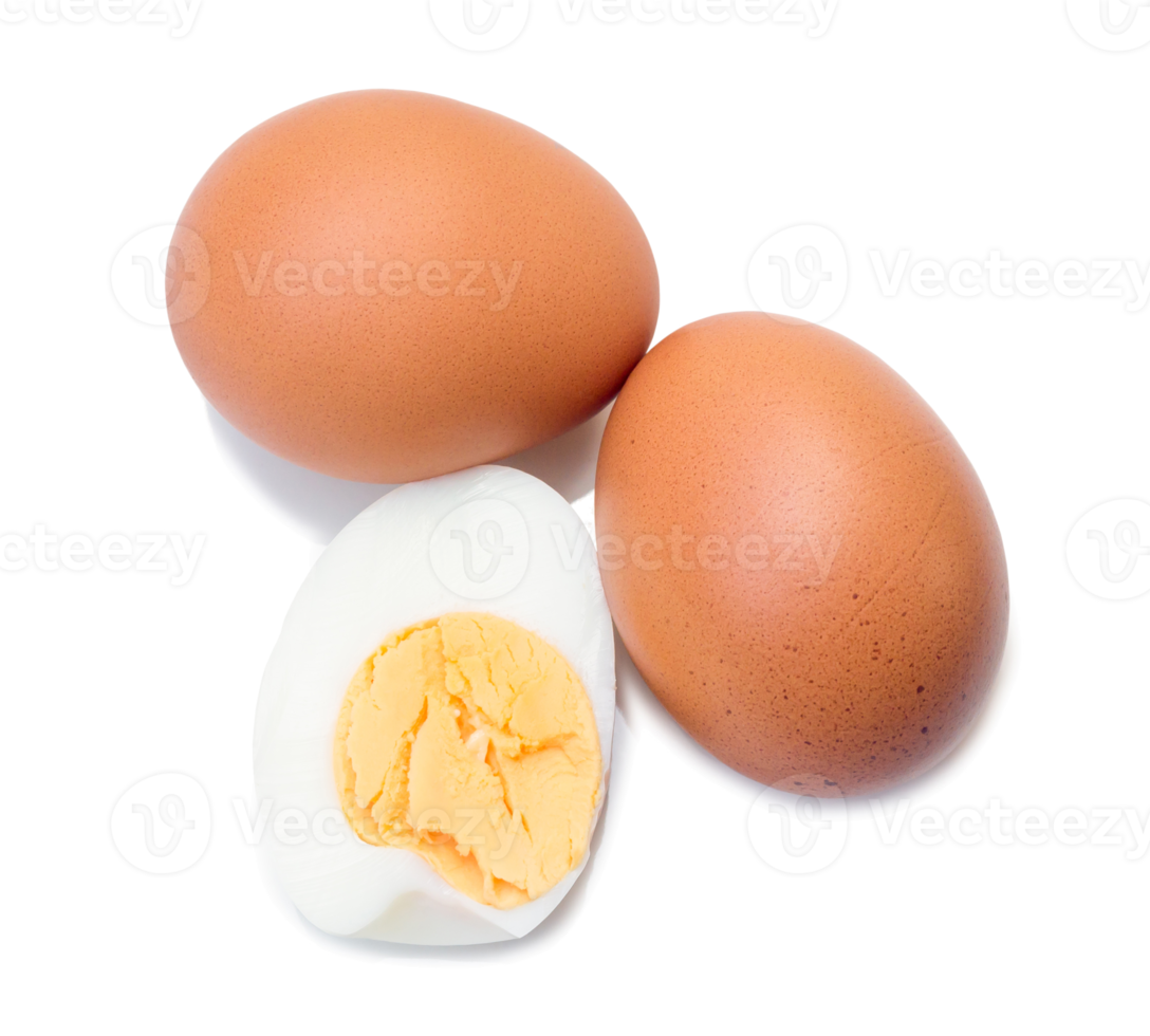 Close up of two boiled chicken eggs with peeled half isolated with clipping path and shadow in png file format, Selective focus photo