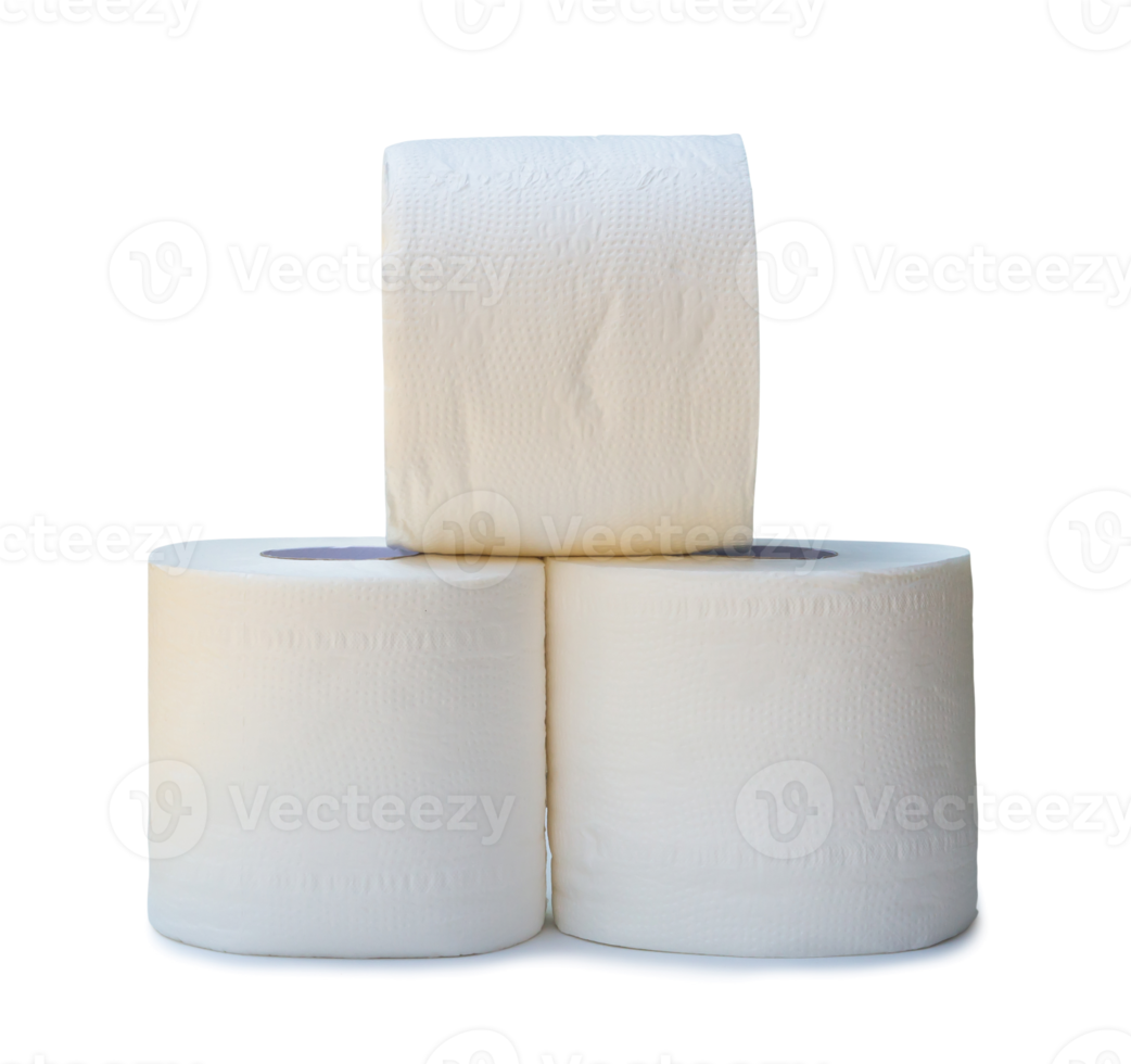 Tres rollos de blanco pañuelo de papel papel o servilleta en apilar preparado para utilizar en baño o Area de aseo aislado con recorte camino y sombra en png archivo formato