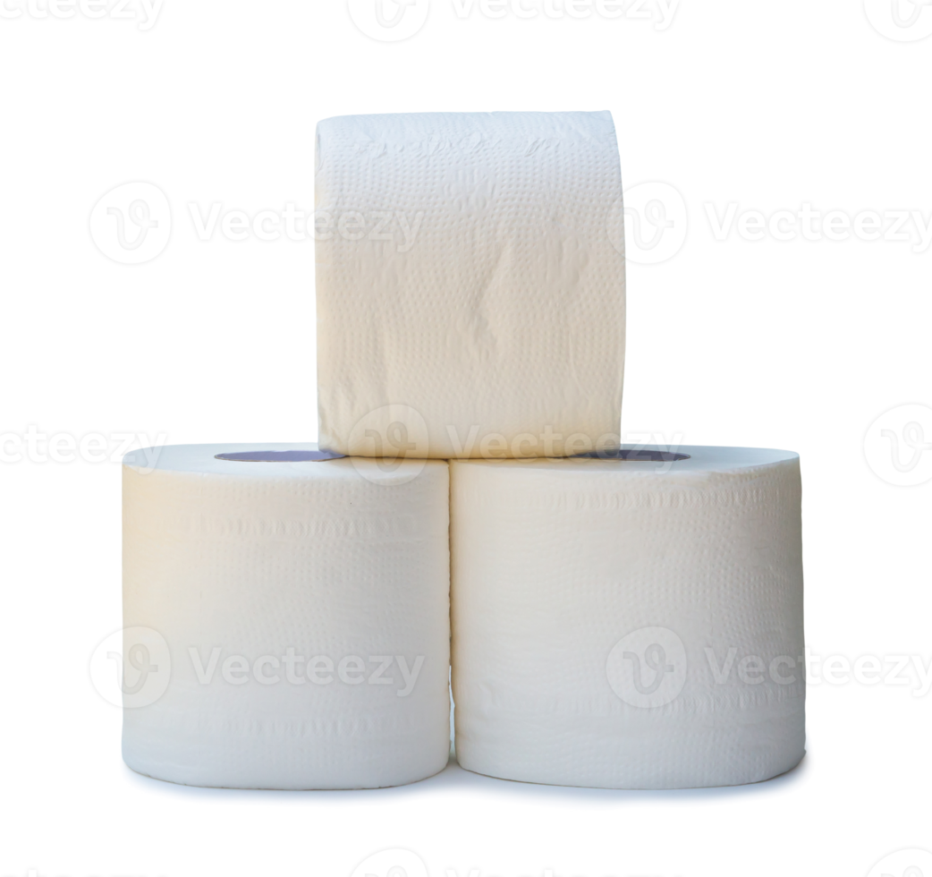 three rolls of white tissue paper or napkin in stack prepared for use in toilet or restroom isolated with clipping path and shadow in png file format