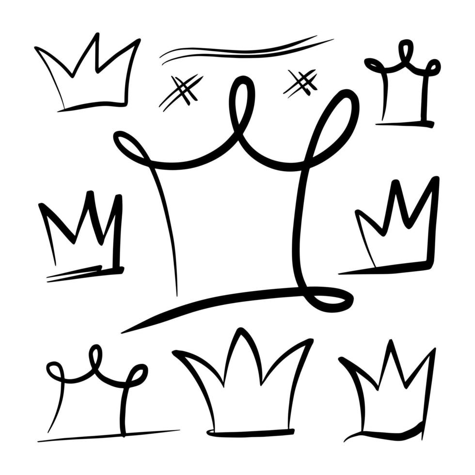 Doodle set crown line art, vector illustration.