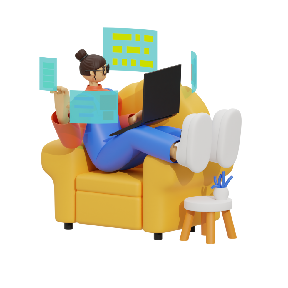 Enhancing Productivity with Laptop Use on Sofas 3D illustration png