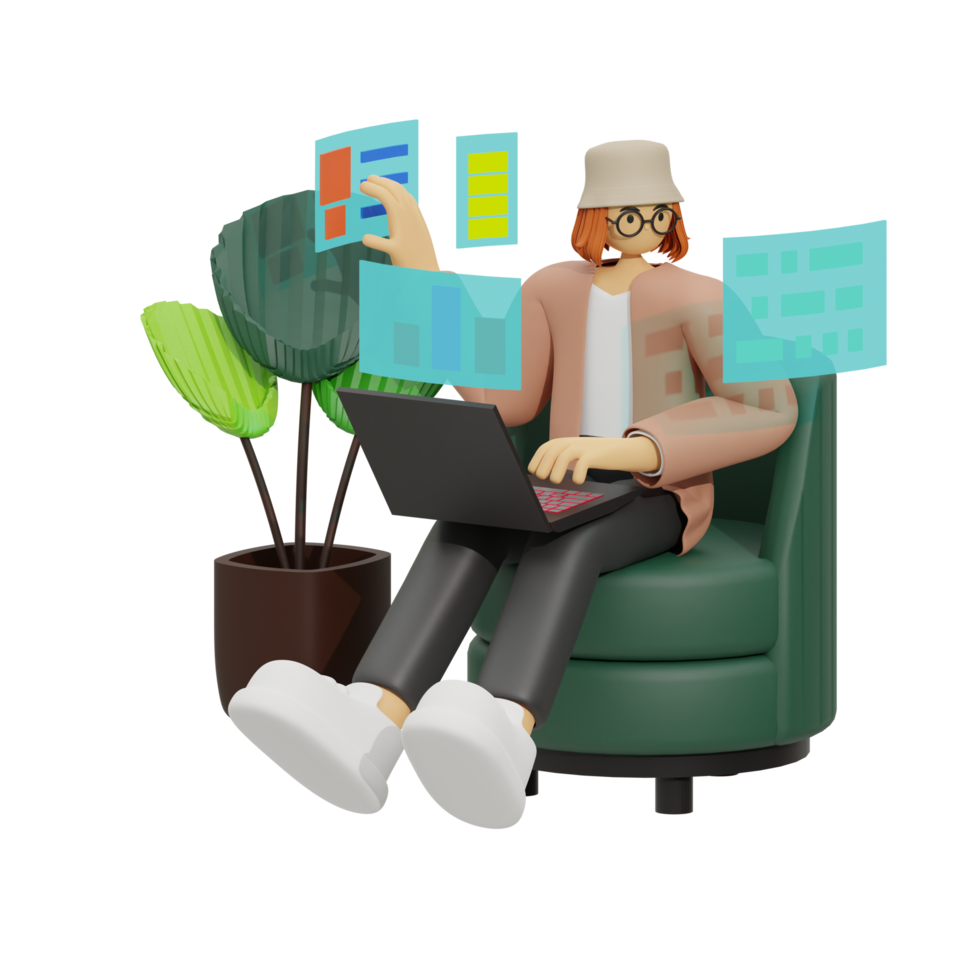 verbessern Produktivität mit Laptop verwenden auf Sofas 3d Illustration png