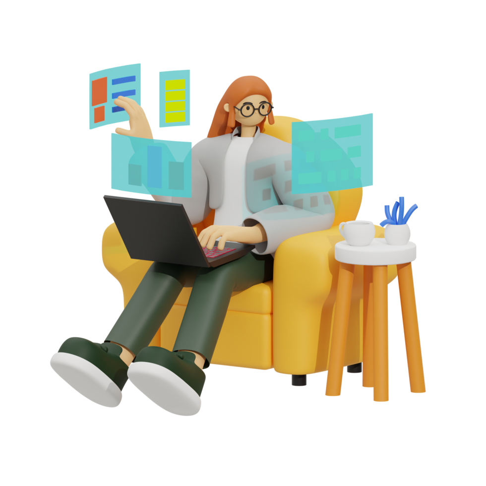 Enhancing Productivity with Laptop Use on Sofas 3D illustration png