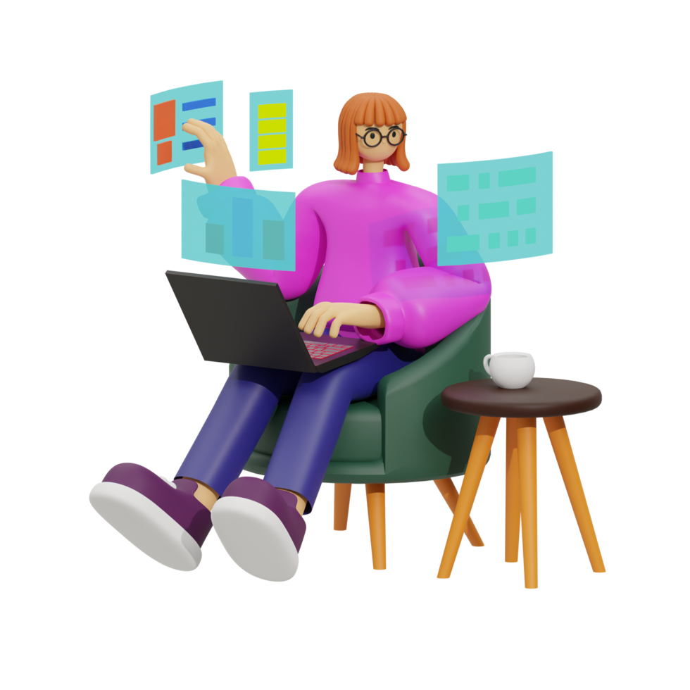 verbessern Produktivität mit Laptop verwenden auf Sofas 3d Illustration png