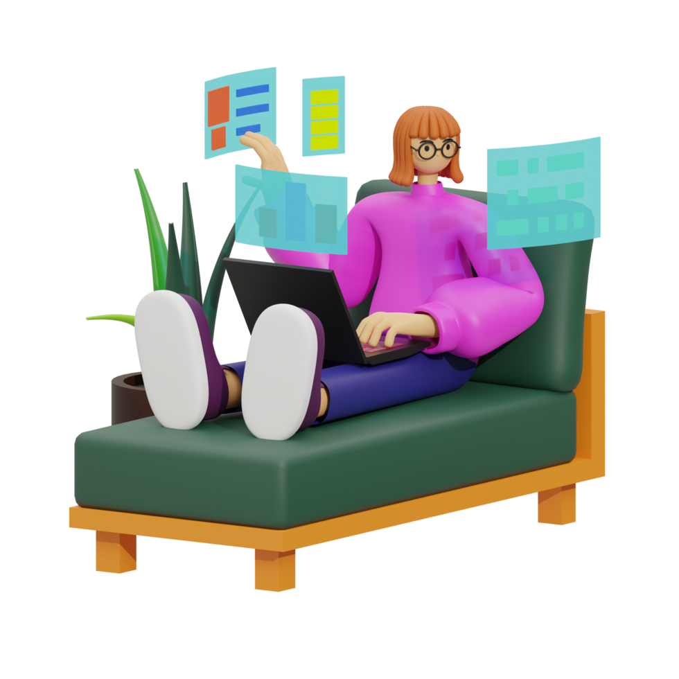 Enhancing Productivity with Laptop Use on Sofas 3D illustration png