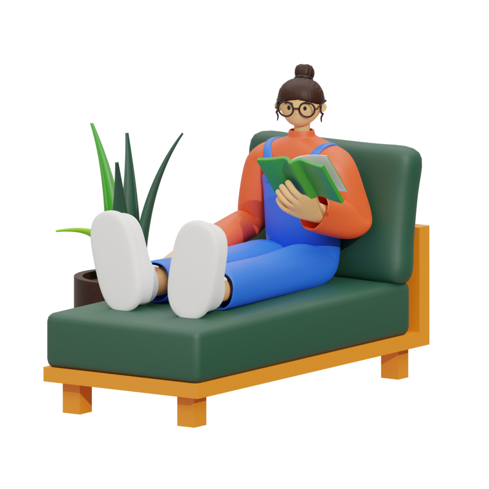 3d illustration sitting in the sofa with reading book png