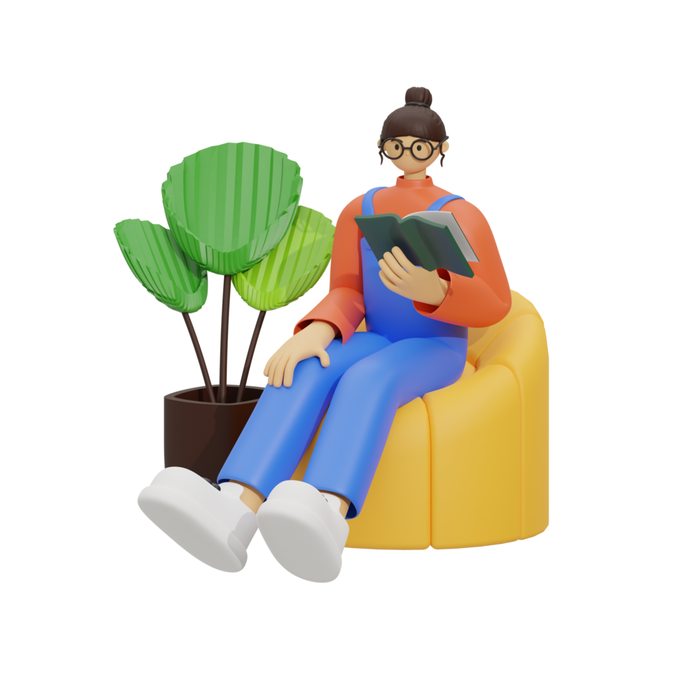 3d illustration sitting in the sofa with reading book png