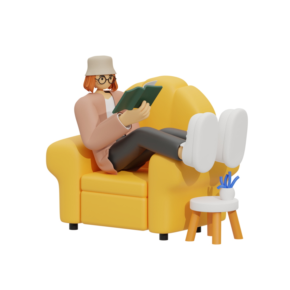 3d illustratie zittend in de sofa met lezing boek png