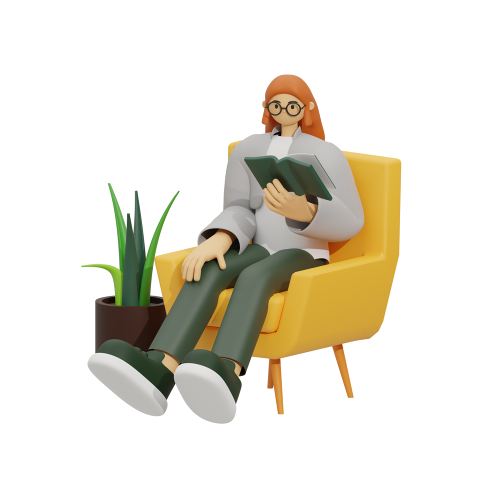 3d illustration sitting in the sofa with reading book png