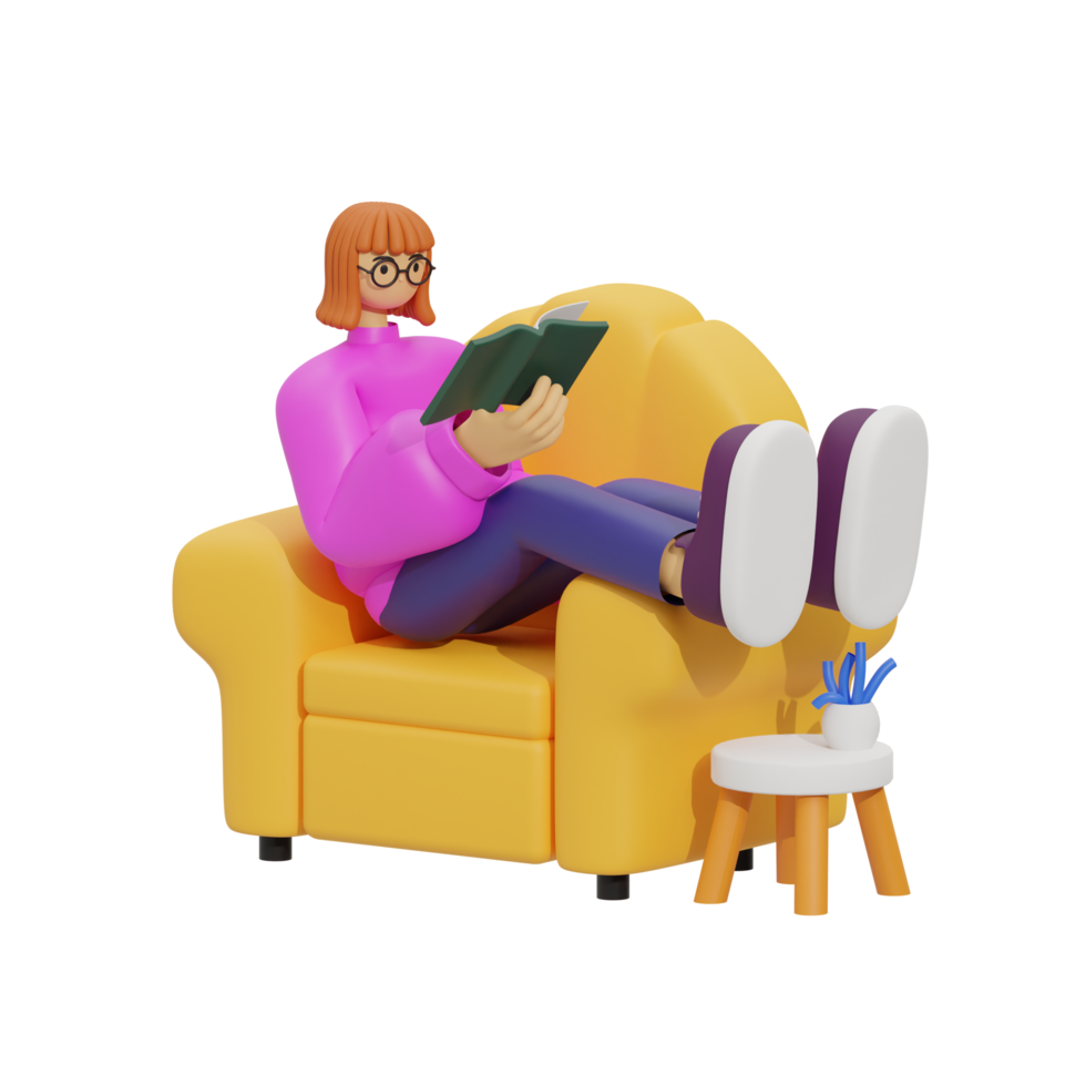 3d illustration sitting in the sofa with reading book png