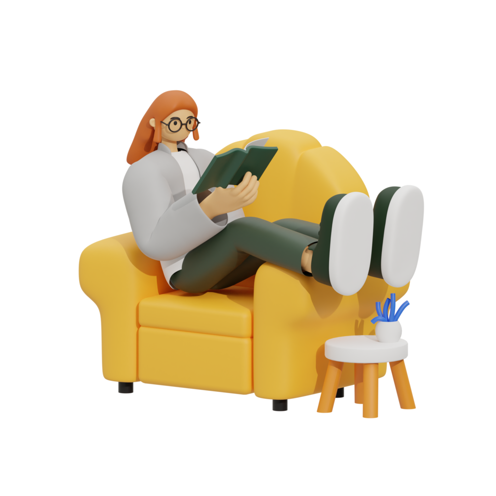 3d ilustración sentado en el sofá con leyendo libro png