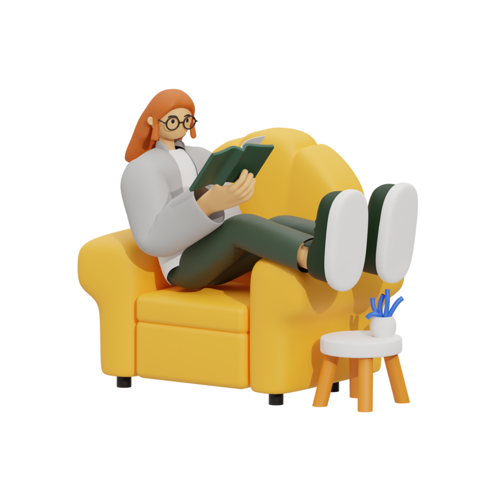 3d illustration sitting in the sofa with reading book png