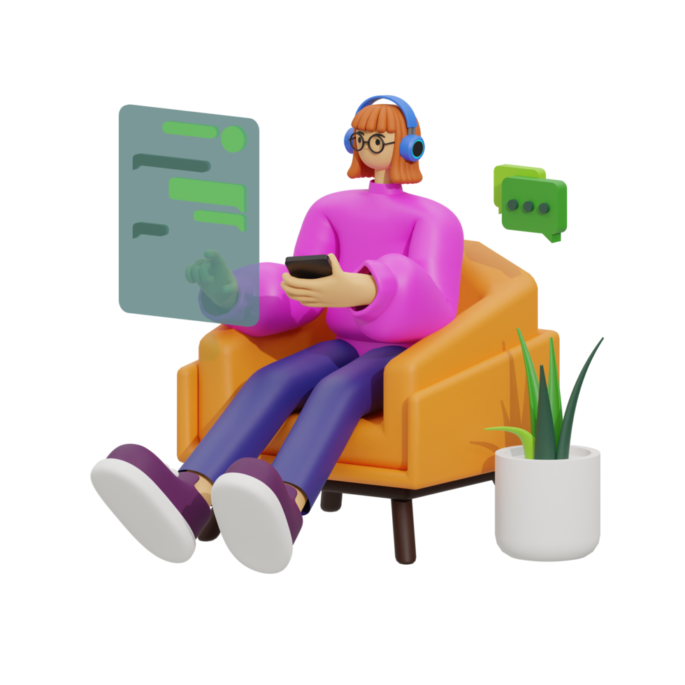 3d ilustración chateando cuando sentado en el sofá png