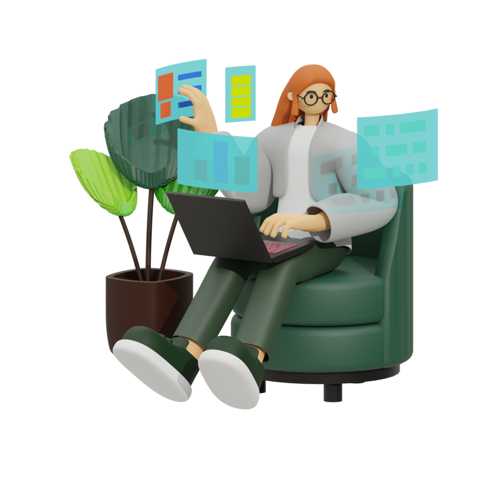 verbessern Produktivität mit Laptop verwenden auf Sofas 3d Illustration png