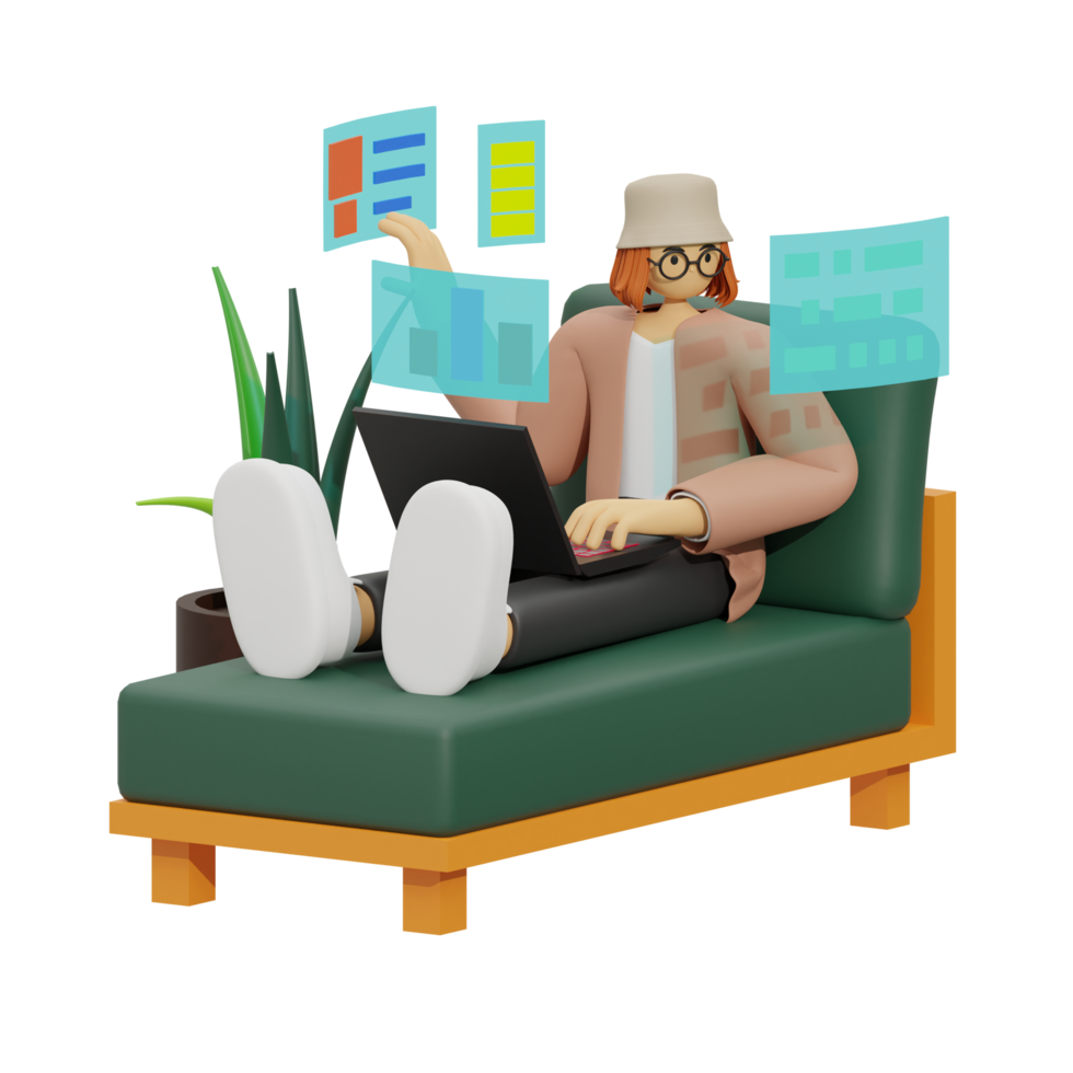 Enhancing Productivity with Laptop Use on Sofas 3D illustration png