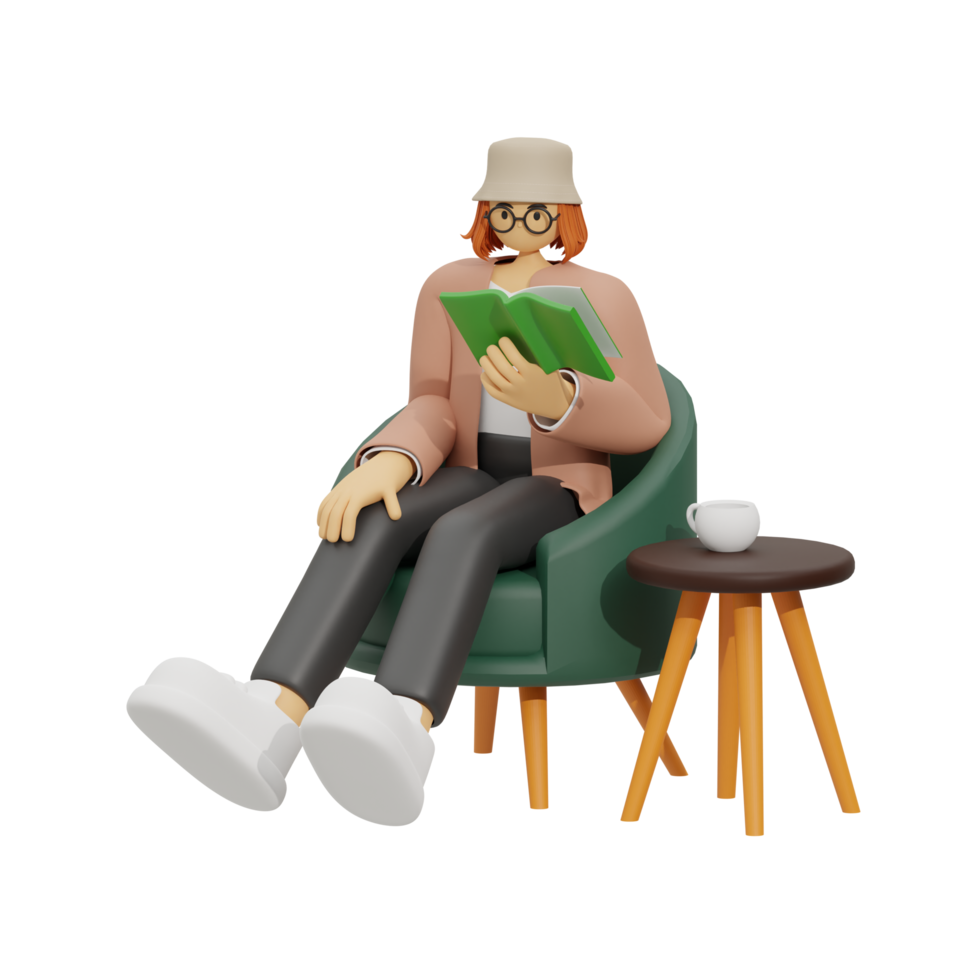 3d illustration sitting in the sofa with reading book png