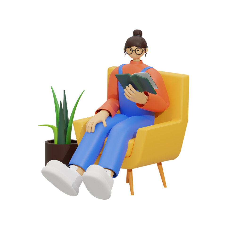 3d illustration sitting in the sofa with reading book png