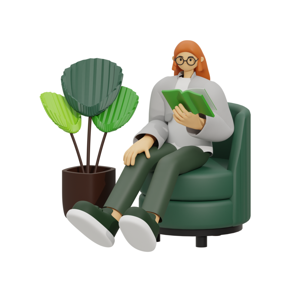 3d illustration sitting in the sofa with reading book png