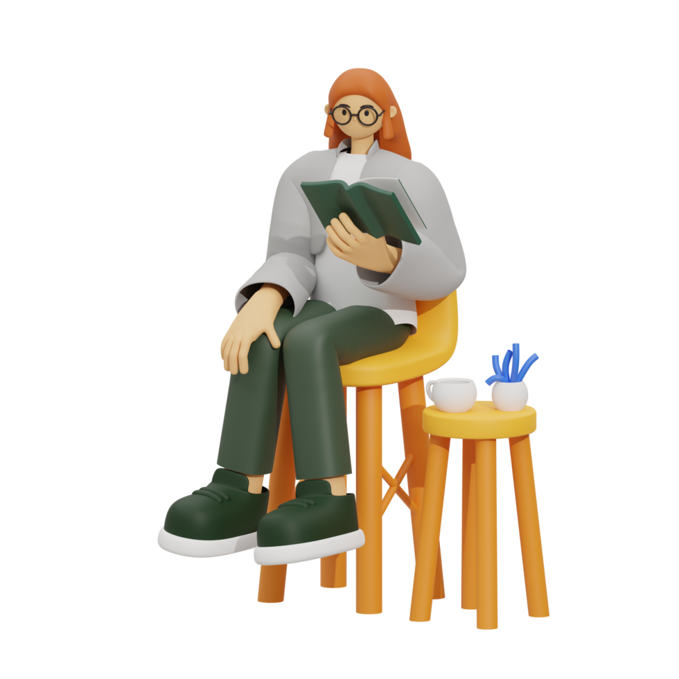 3d illustration sitting in the sofa with reading book png