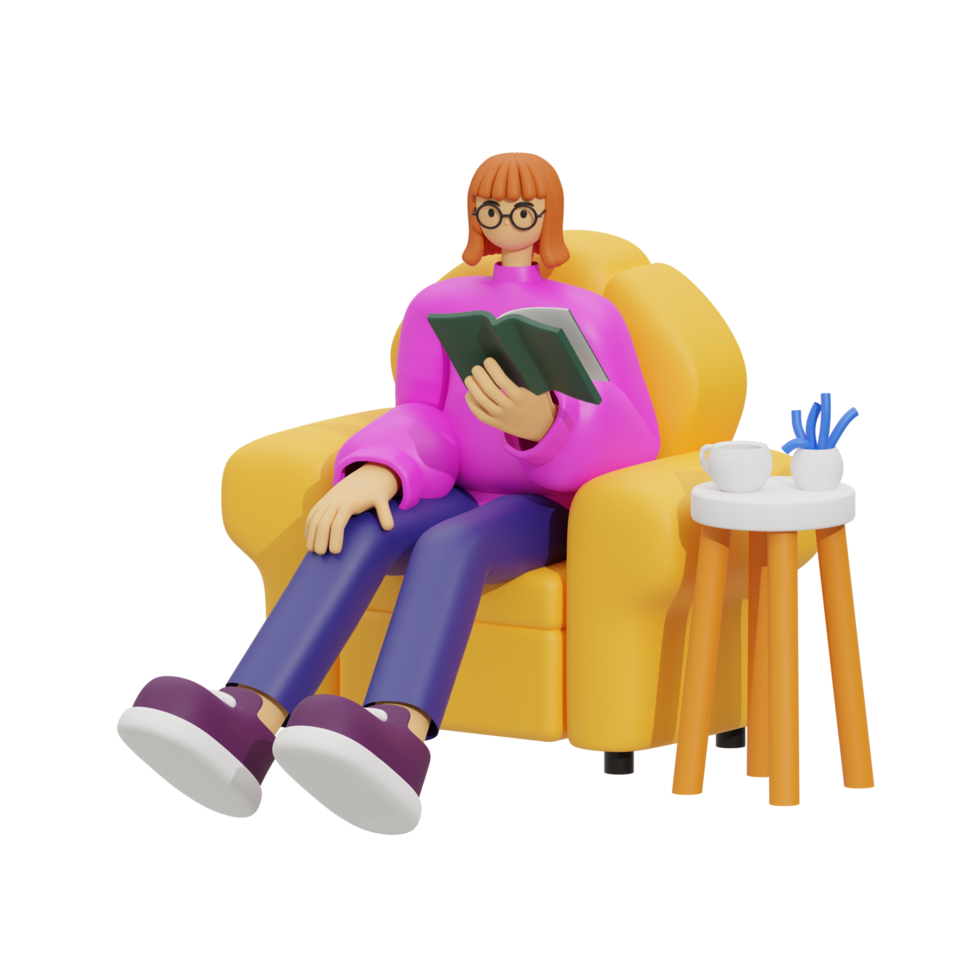 3d illustration sitting in the sofa with reading book png