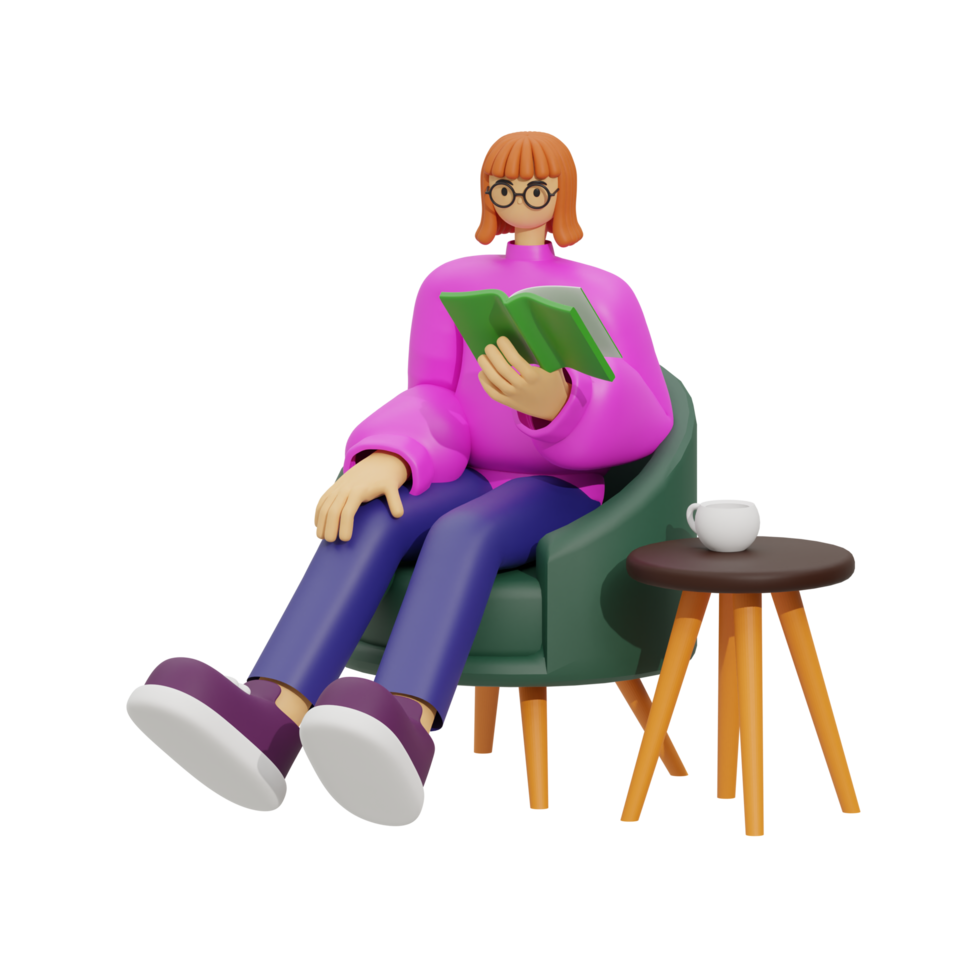 3d illustration sitting in the sofa with reading book png