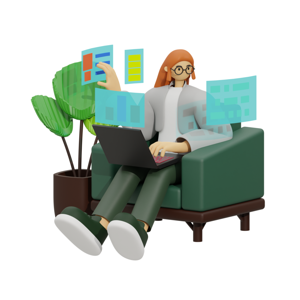 verbessern Produktivität mit Laptop verwenden auf Sofas 3d Illustration png