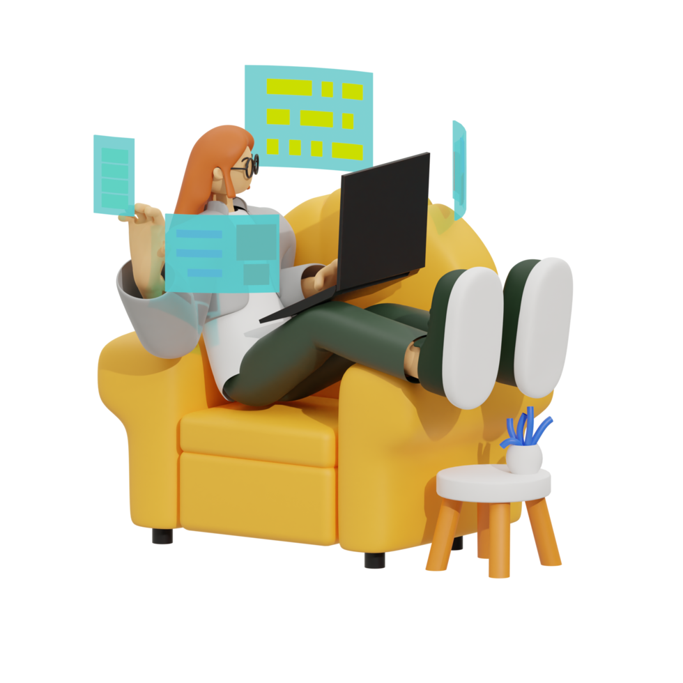 verbessern Produktivität mit Laptop verwenden auf Sofas 3d Illustration png