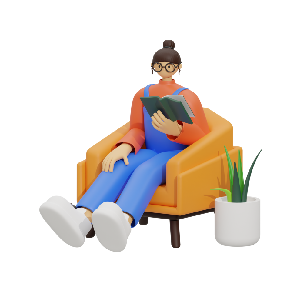 3d illustration sitting in the sofa with reading book png