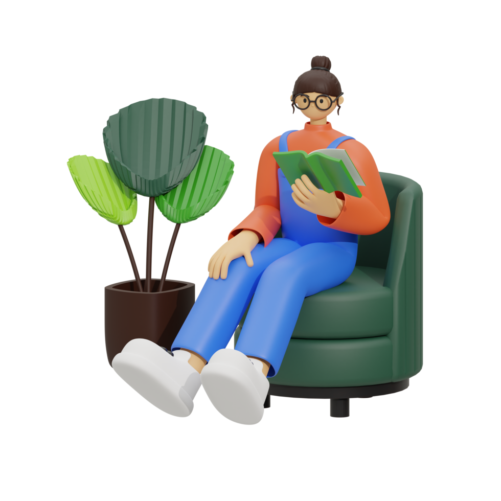 3d illustration sitting in the sofa with reading book png