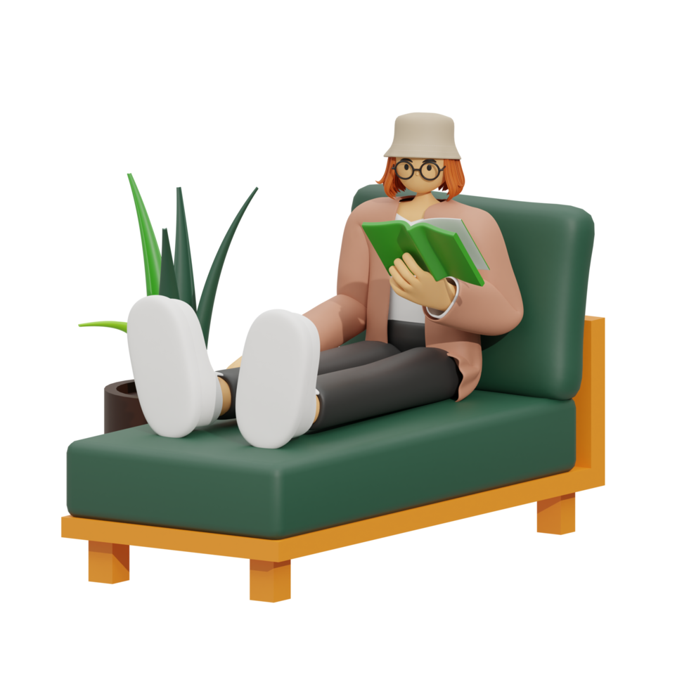 3d illustration sitting in the sofa with reading book png